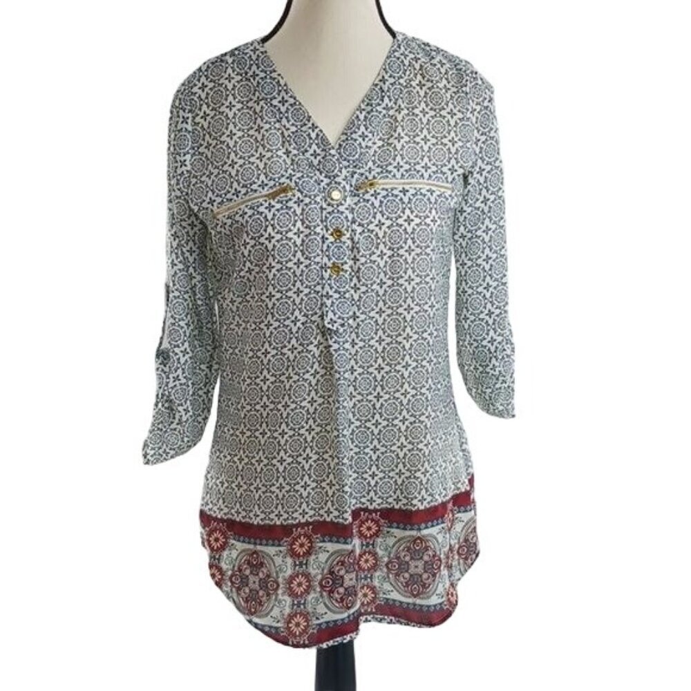 Rue 21 Blouse Geometric Batik Print Roll Tab Sleeve Zipper Womens Size XS